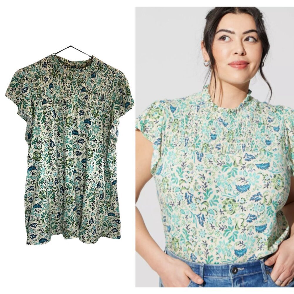 Torrid Cotton Modal Ditsy Floral Jersey Smocked Mock Neck Flowy Top - Picture 1 of 7